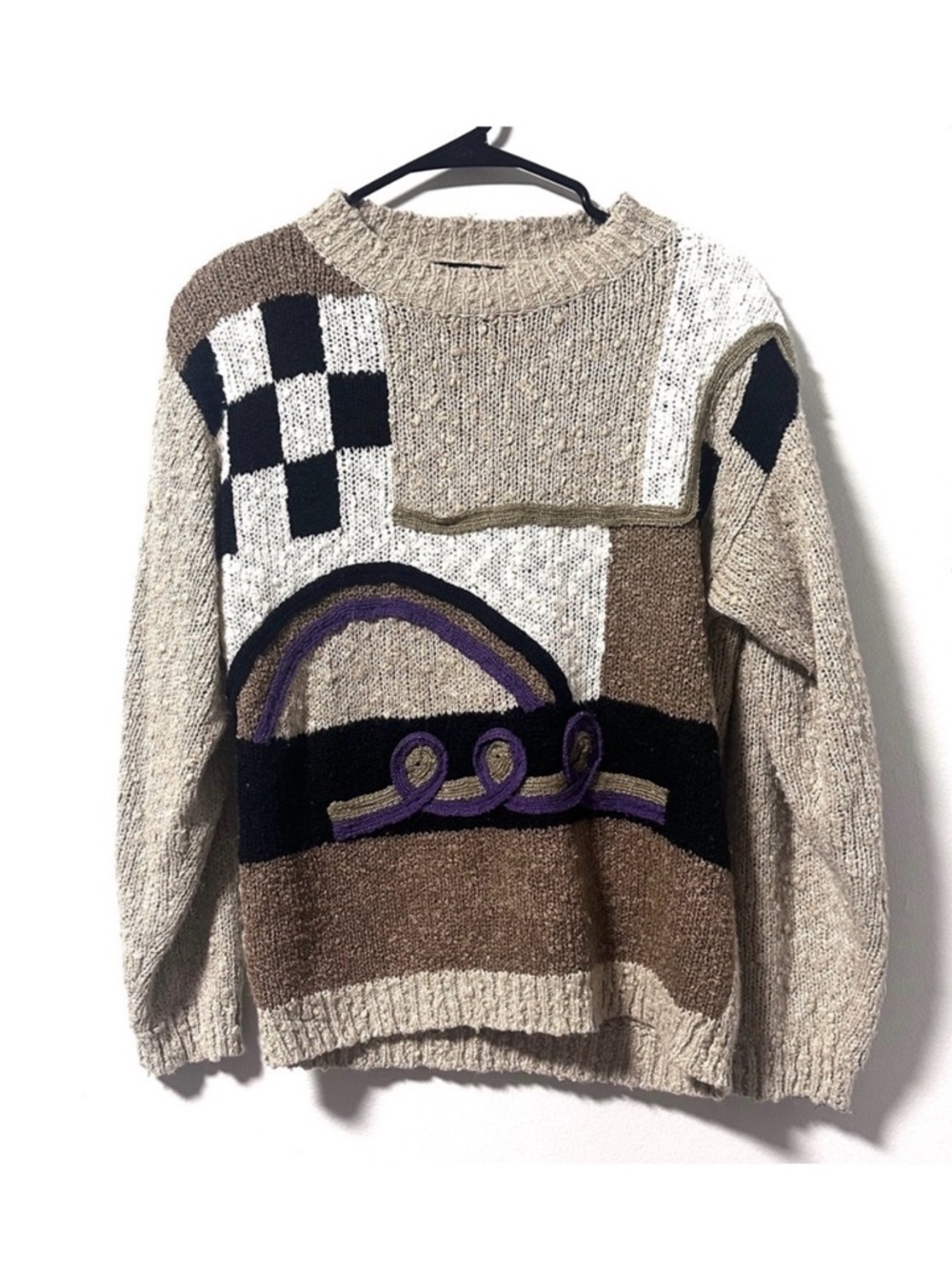 Vintage 80s Angenie Cream Mixed Media Checkered Sweater Women’s Size Small Retro